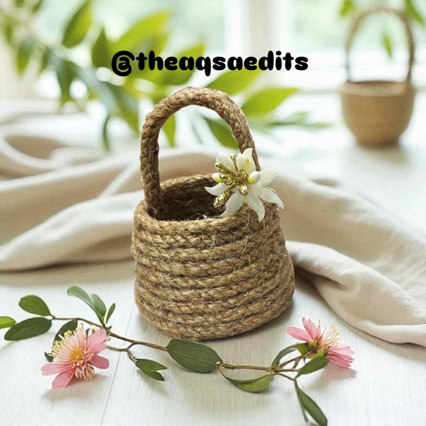 Jute Mini Handmade Basket with Floral Charm